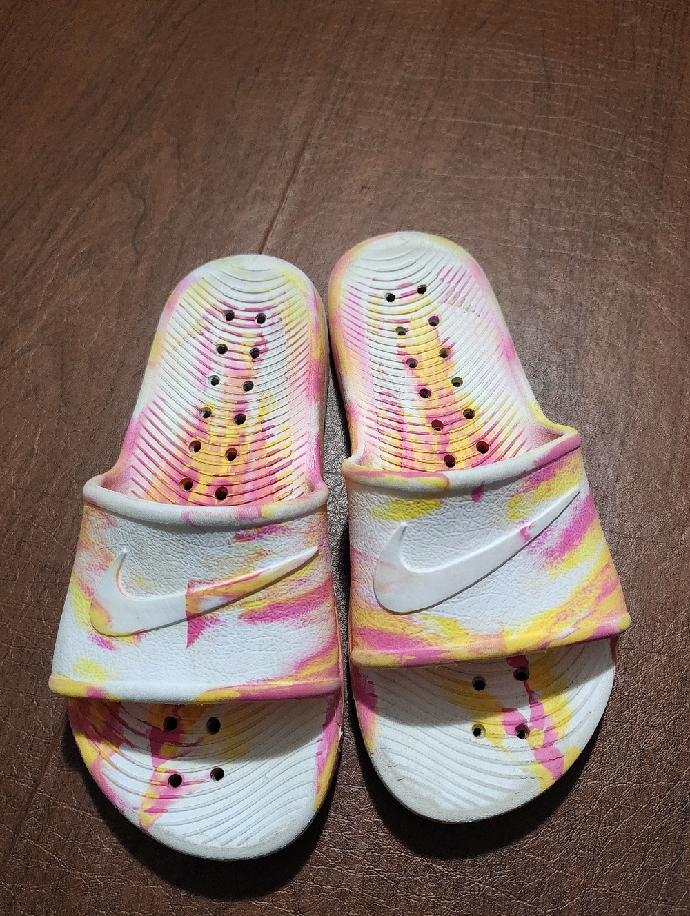 Nike White Tie-Dye Slide Sandals with Pink & Yellow Swirls - Picture 1 of 4
